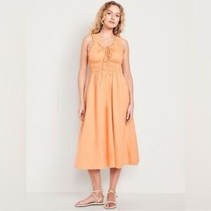 Old Navy Blossom Petal Orange Smock Define Waist Ruffle Summer Casual Midi Dress